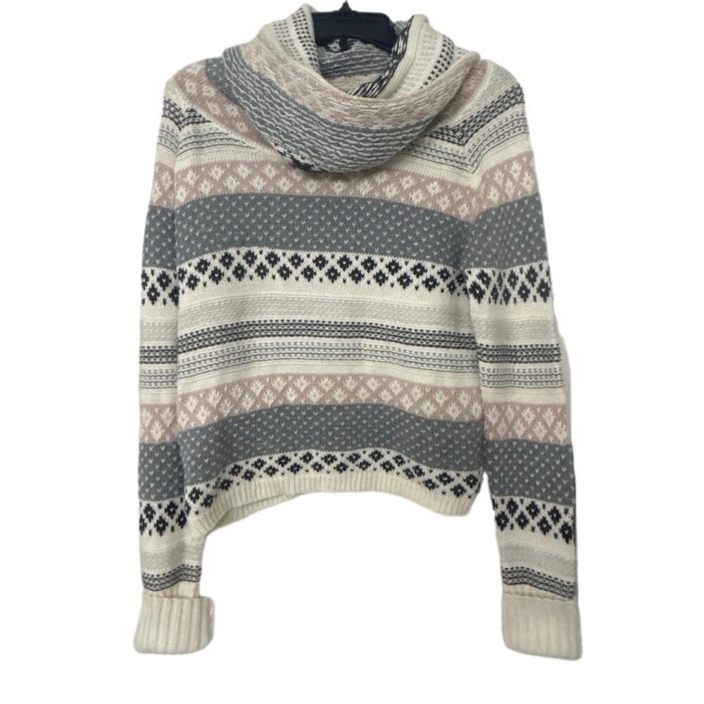 KENJI Cotton Wool Blend Cowl Neck Fair Isle Sweater Cream Pink Gray Large